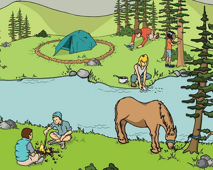 Cartoon of people camping by river in forest alongside others who have a small campfire and a hitched horse