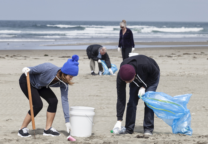 Volunteers remove litter from an ocean beach.