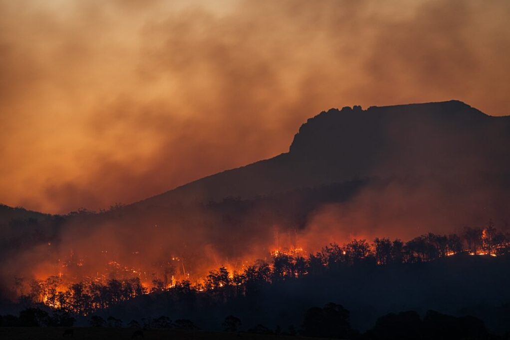 A wildfire burns through a landscape.