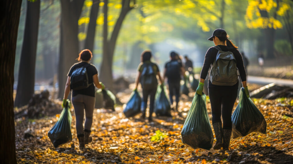 A group of outdoor stewards clean up litter from an outdoor environment.