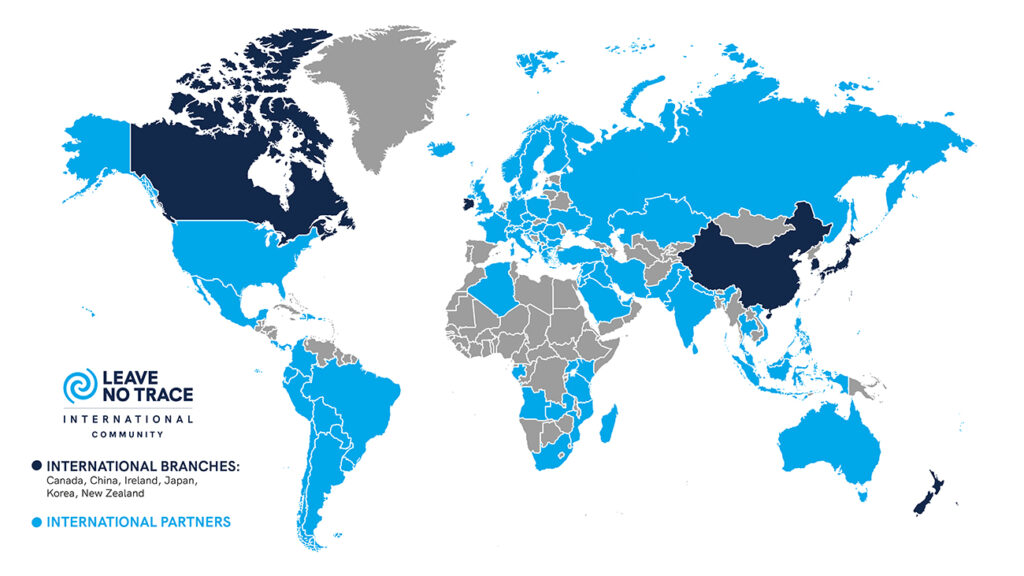 map of the world where Leave No Trace has international branches and international partners